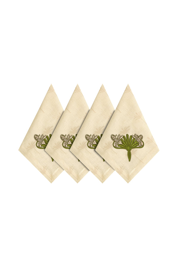 Lirios Linen Napkins / Ivory & Green - Set of 4